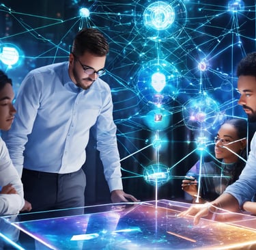 a group of people standing around a table with a tablet analyzing emerging technologies 