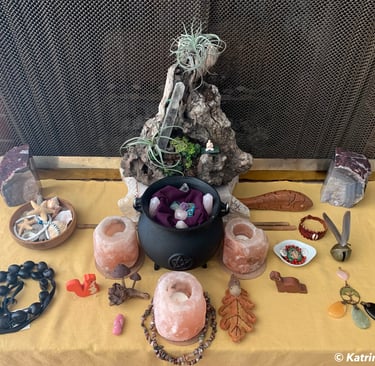 Altar on hearth with various items from nature