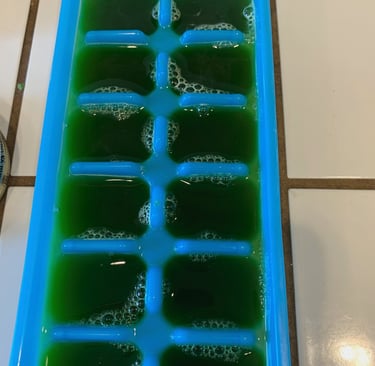 Cleavers juice filling up a blue plastic ice cube tray