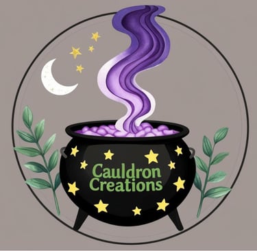 Black cauldron with gold stars says "Cauldron Creations" in green letters.