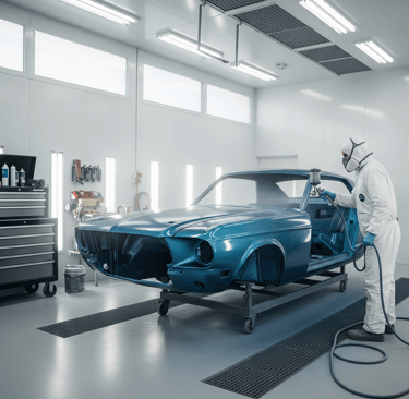 a man in a white suit and a white shirt is painting a car