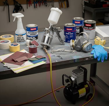 a table with a bunch of tools and supplies on it