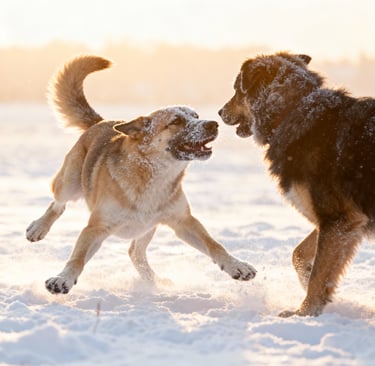 two dogs playing in the snow
