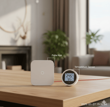 Foto em close de um Hub Zigbee minimalista ao lado de um sensor de temperatura.
