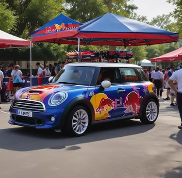 A branded Mini Cooper car with a large Red Bull can mounted on top is parked under a blue and red canopy featuring the Red Bull logo. The scene appears to be an outdoor event with several people in the background and other event setups visible.