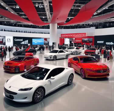 A slick, modern exhibition space featuring several high-end cars. A white sedan is prominently displayed on a circular platform, surrounded by other luxury vehicles in various colors, including a striking red car. The environment is bustling with people, likely attendees and exhibitors, moving around the cars. Large digital screens and branded banners adorn the background.