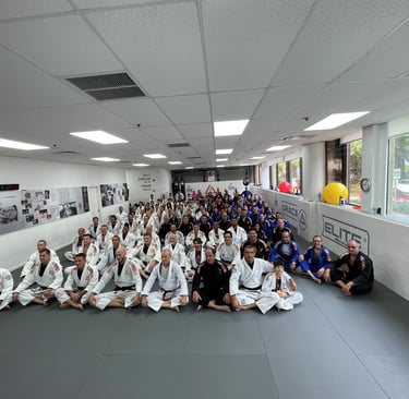 an image of all the students at rilion Gracie jiu jitsu headquarters after a promotion ceremony