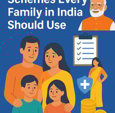 Indian family with checklist, gold coins, shield, and PM Modi doodle showing top schemes in India.