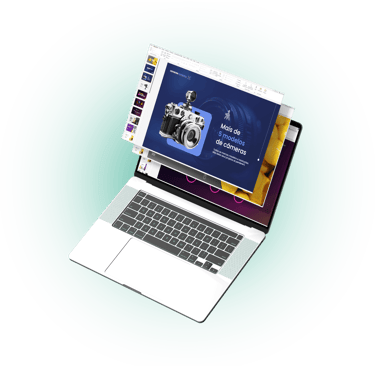 a laptop computer with a laptop screen displaying a photo of a camera