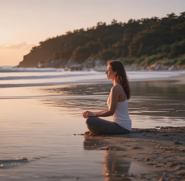 A person is practicing yoga on a blue mat in an art gallery setting. The room has wooden floors and is decorated with sculptures placed on pedestals. The background features a green partition and a bust sculpture. The lighting is soft, creating a serene ambiance.