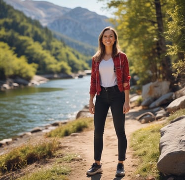 Woman posing on a sunny hiking path.