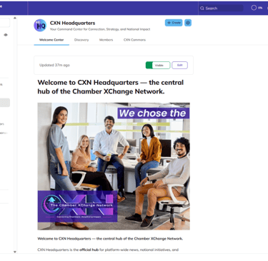 CXN Headquarters page with welcome message, team photo, and sidebar links to network hubs.
