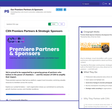 CXN sponsor page featuring Premiere Partners, including Cinegraph Media and their impact story.