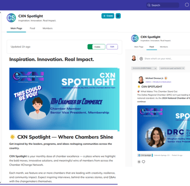 CXN Spotlight page highlighting chamber success stories, inspiring quotes, and featured posts.