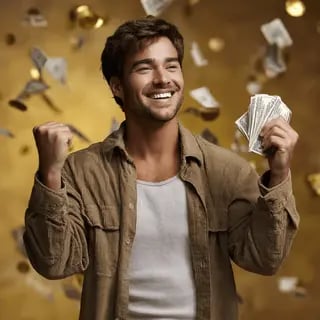a man holding a stack of money and a stack of money