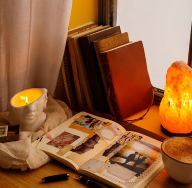 Glowing Himalayan salt lamp on a cozy windowsill with books, a candle, and a cup of coffee nearby..
