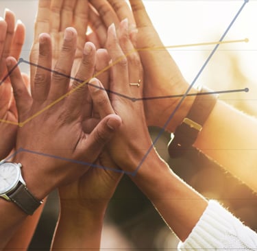 An image of hands high-fiving with a line graph overlayed