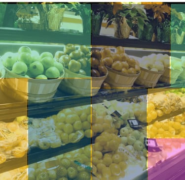 A treemap chart on an image of a grocery store to symbolise the use of AI for inventory management
