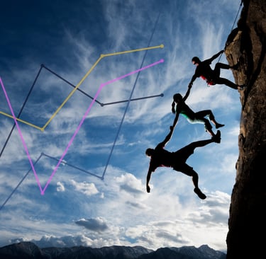 Image showing rock climbers and a line chart overlay as a metaphor for trust in AI personalisation