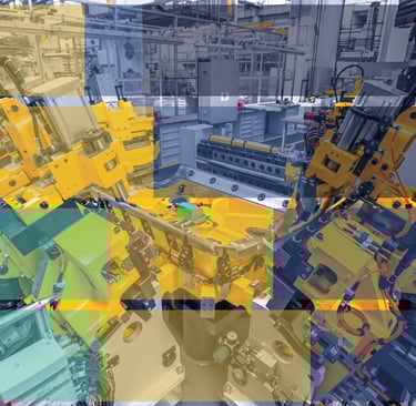 Image of a factory floor with a bar graph overlayed to symbolise AI technology