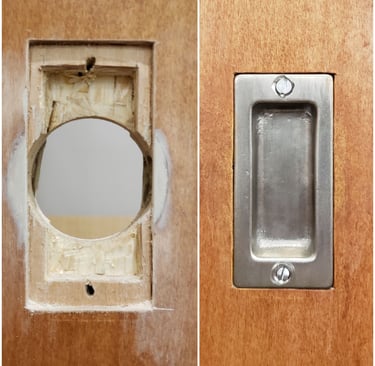 Faux door repair to reuse a swing door into a pocket door.