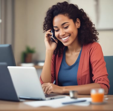 persona atendiendo su celular que este sonriendo al aceptar un credito a traves del telefono