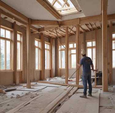 A construction or renovation site is visible, featuring metal scaffolding on a tiled floor. In the background, there's an open window allowing natural light to brighten the area. Cardboard boxes are placed on a surface, hinting at ongoing work. Electrical cables are scattered on the floor, and a cutout in the wall appears to be an unfinished part of the project.