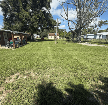 a backyard with a dog house and a dog house