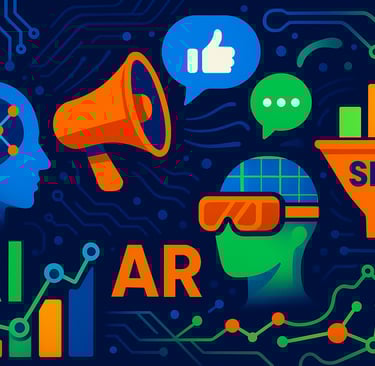 Vibrant navy illustration with AI neural head, AR goggles, megaphone, social bubbles, SEO funnel