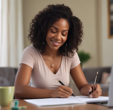 A woman in a light dress stands in a well-organized kitchen, holding a small black bottle with a bowl of oranges in front of her on a wooden table. The kitchen features white cabinets, open shelving with cups and jars, and a variety of hats and plants in the background, adding to the cozy and natural atmosphere.