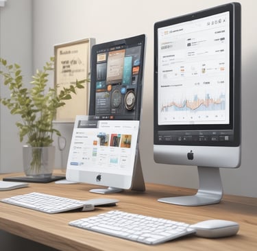 Four small, white robot figures are sitting in a row, each with a laptop in front of them. They have round bodies and blue accents, with 'AI' displayed on their chests. The background is minimal and light gray, emphasizing the robots and their computers.