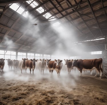 A sheltered area with several cows lying on sandy ground under a corrugated metal roof supported by concrete pillars. Sunlight is casting shadows on the sandy floor, and the shelter appears to be located in a rural setting, with fields visible in the background.
