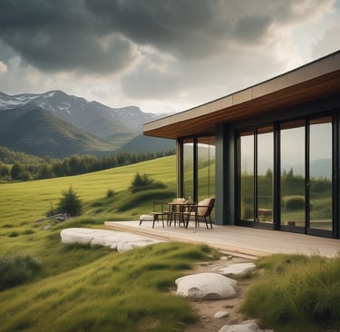 a house with a view of a mountain range