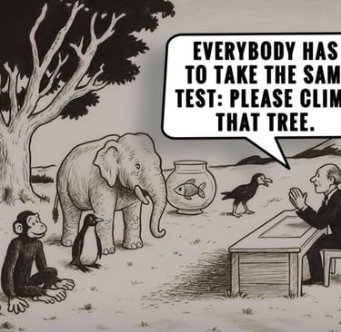 A social cartoon showing an elephant, fish, and penguin being told to climb a tree to pass a test.