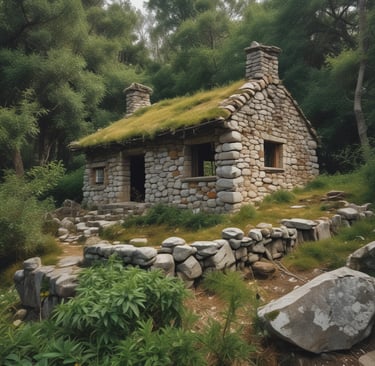 An aerial view of a rural property featuring multiple buildings, including barns and a few agricultural structures, surrounded by dirt and grassy areas. The image also shows several parked vehicles and large trees casting shadows across the landscape.