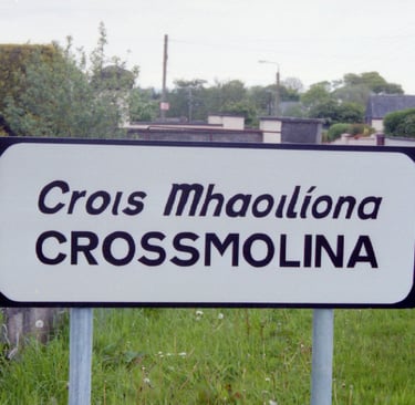 Welcome sign to Crossmolina, County Mayo, Republic of Ireland.