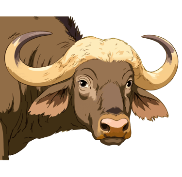 Graphic art print of a cape buffalo regarding the viewer with calm assessment, from original African wildlife photography.