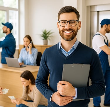 Administrador gestionando tareas de mantenimiento y limpieza en edificio multifamiliar