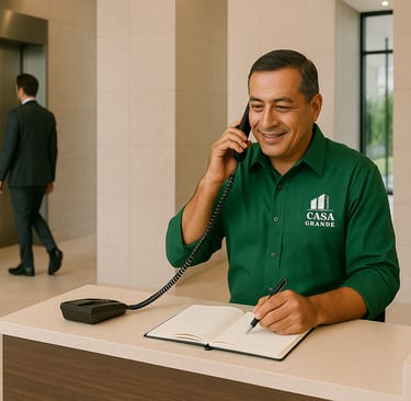Portero de edificio en Lima con uniforme revisando lista de entregas