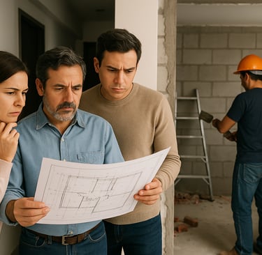 Vecinos revisando planos frente a una construcción no autorizada en un departamento