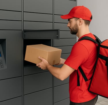 un repartidor dejando un paquete en un locker inteligente