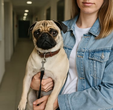 Mujer sosteniendo a su mascota en un pasillo de edificio multifamiliar, tenencia responsable