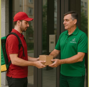portero recibiendo el delivery en la puerta del edificio