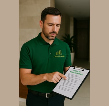 Administrador mostrando documento de cobranza a vecino moroso