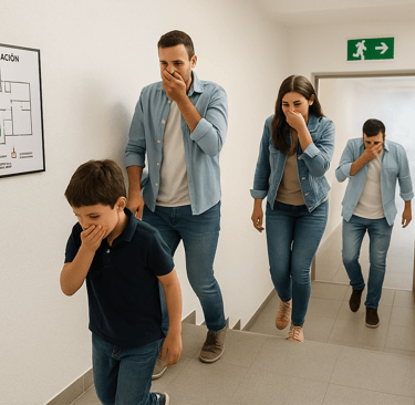 Simulacro de evacuación – familia descendiendo escaleras con señalizacion y plano de evacucion