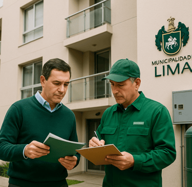 Administrador y técnico municipal revisando documentos frente a edificio en Lima 