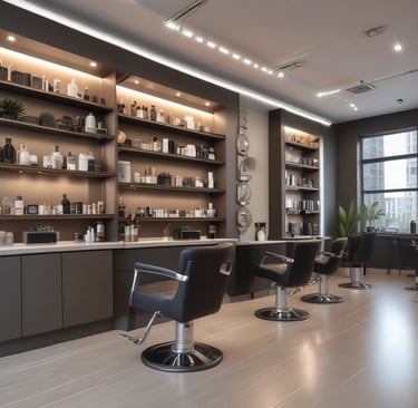 A modern barbershop interior with several styling stations. A person sits comfortably in a salon chair wearing a cape, while a barber is engaged in cutting their hair. The scene includes mirrors, shelves with products, and stylish lighting fixtures hanging from the ceiling.