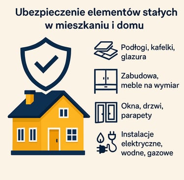 zółty dom oraz napisy Ubezpieczenie elementów stałych w mieszkaniu i domu