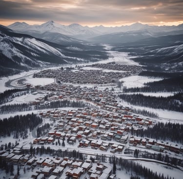 A quadcopter drone flying against a backdrop of soft, blurred mountains. The drone has four propellers and a camera mounted on its underside.