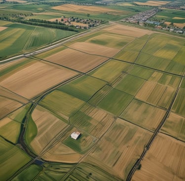 A white drone with black propellers is captured mid-flight against a blurred background of tall glass buildings. The drone has green and yellow lights on its arms and a camera attached to its main body.
